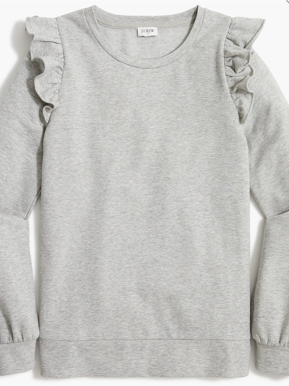 ✨ J. Crew Metallic Light Gray Ruffle-Shoulder Sweatshirt Size Large Casual Chic